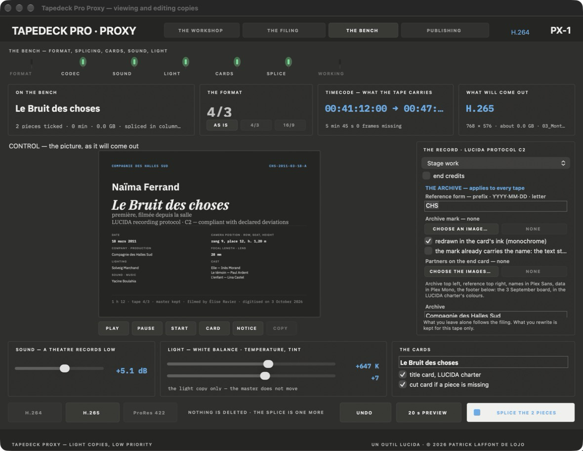 Tapedeck Pro Proxy, LUCIDA interface: the title card and its record